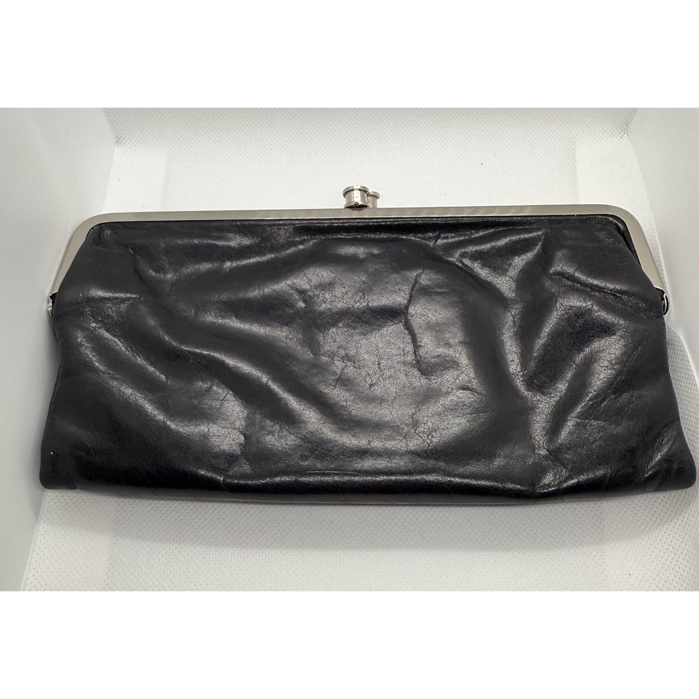 Hobo Original Lauren Clutch Wallet Kiss Lock Frame Black Leather Blue‎ Interior
